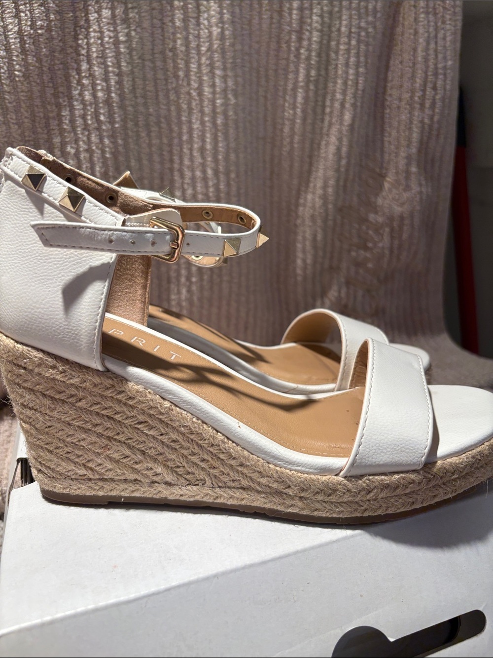 Esprit White Leather Espadrille Wedge Sandals with Studded Ankle Strap